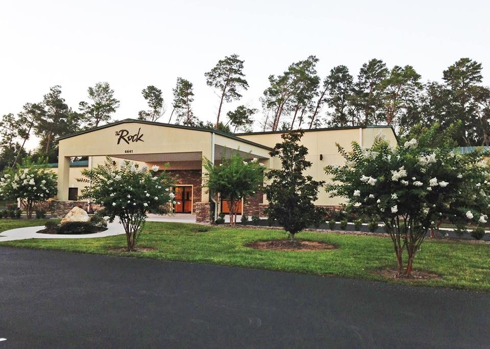 The Rock campus entrance at 6641 W State Road 46 in Sanford, with blooming crape myrtles